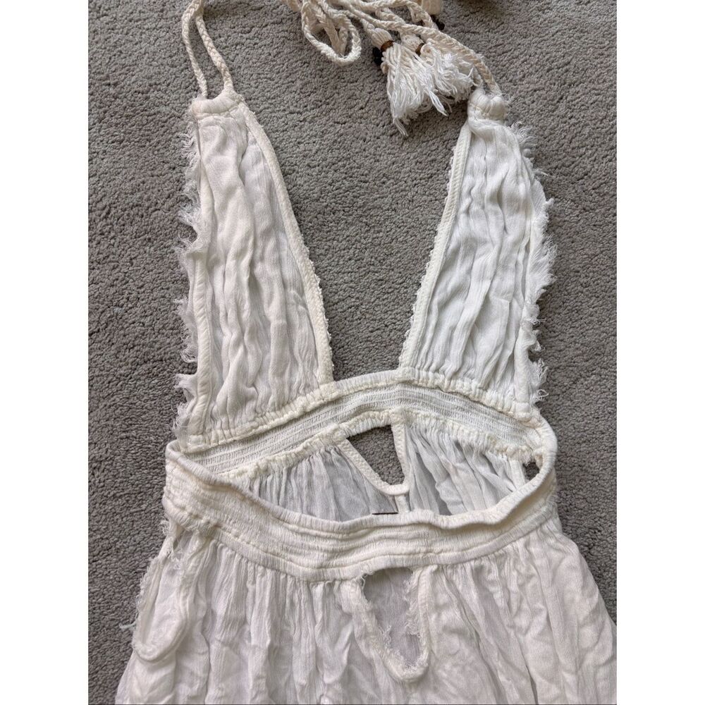 NWOT Free People Ivory Raw Hem Plunge Halter Maxi Dress | Boho Beach Goddess, Sm - Picture 8 of 10